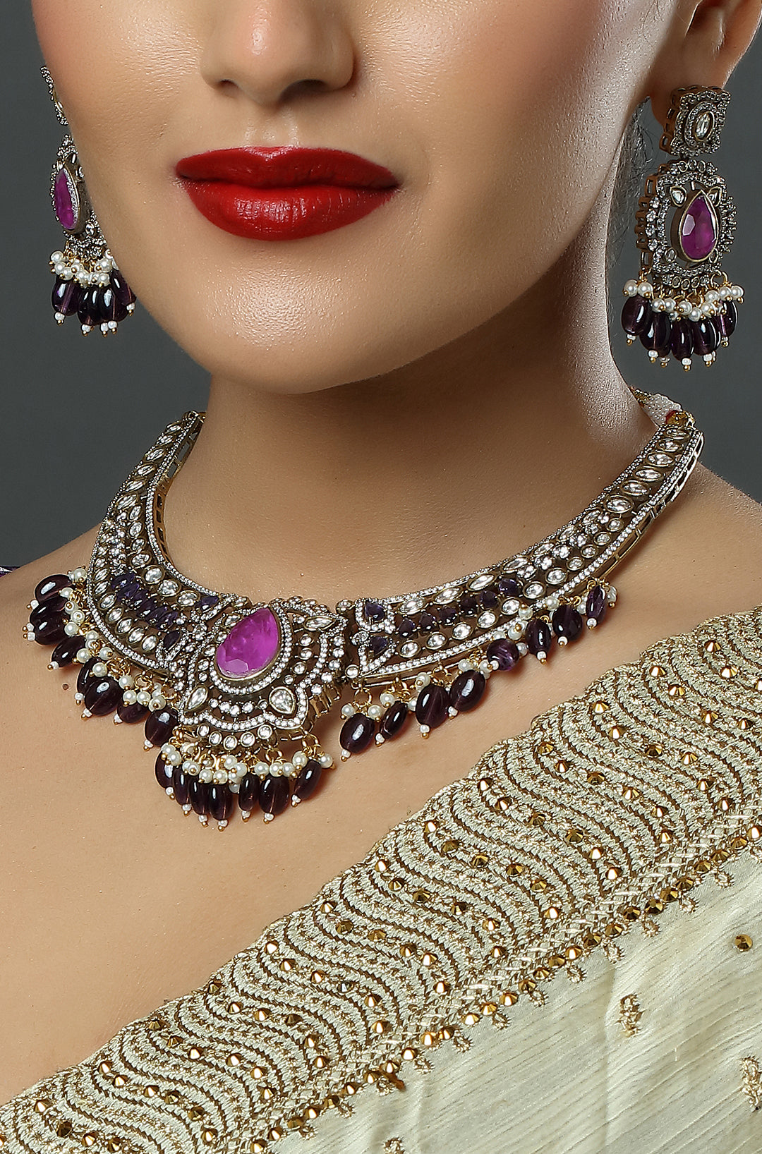 Luxurious Pink Stone Heavy AD Stone Choker Necklace