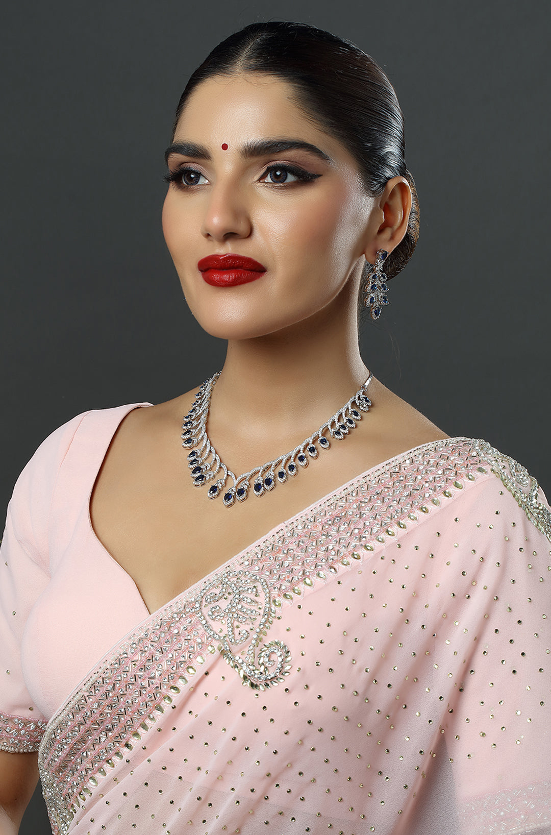 Gold-Plated Blue American Diamond Stone-Studded Necklace