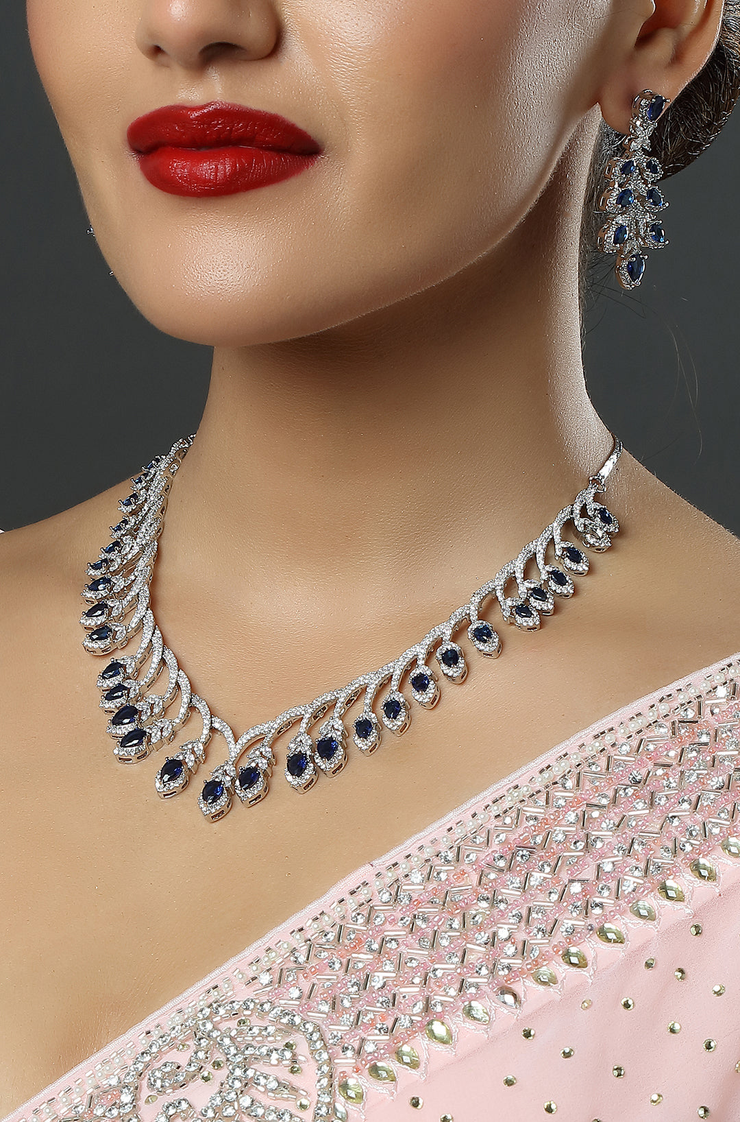 Gold-Plated Blue American Diamond Stone-Studded Necklace