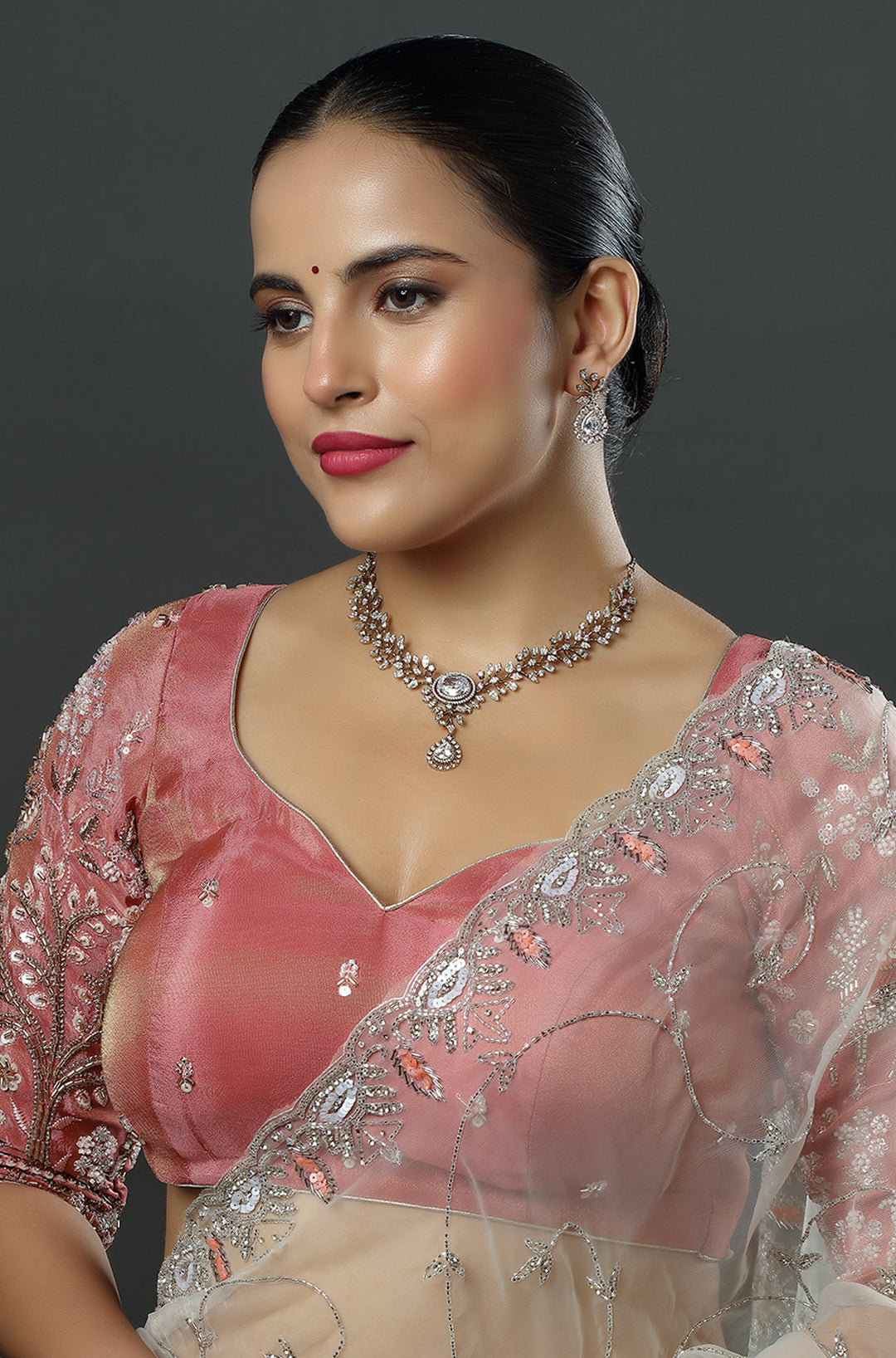 Floral American Diamond Silver Plated Necklace
