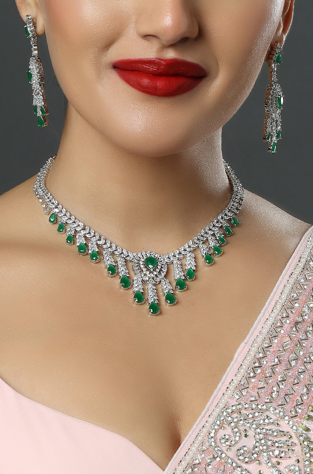 Bottle Green Stone Embellished American Diamond Necklace