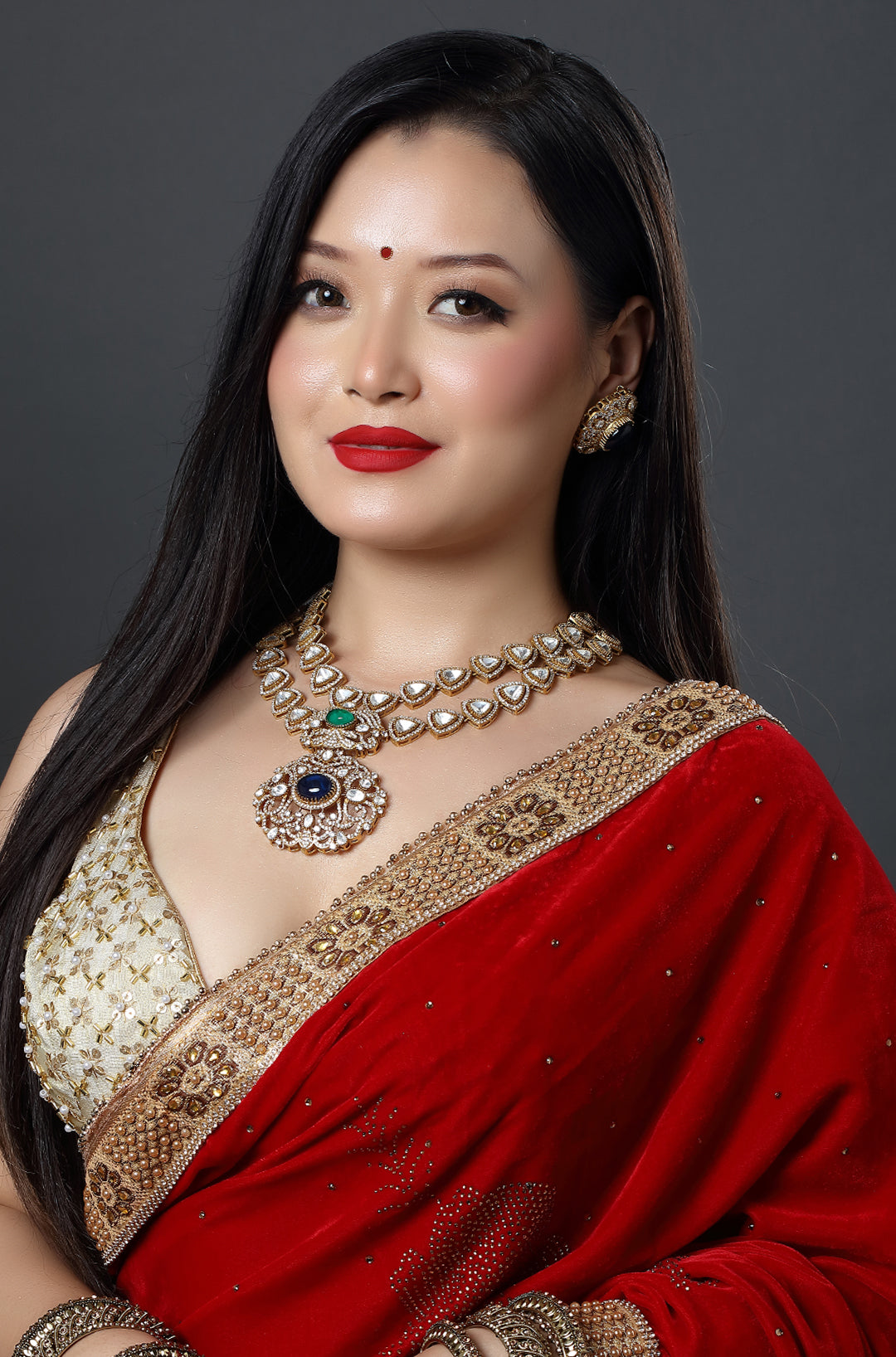 Gold Plated Polki Zircon Mughal Double Layer Necklace