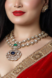 Gold Plated Polki Zircon Mughal Double Layer Necklace