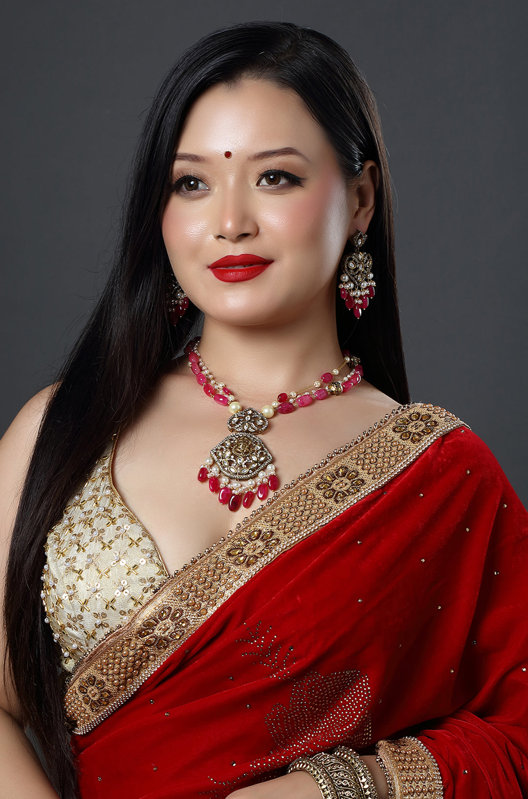 Gold-Plated Emerald & Ruby Pink Crystal Beaded Necklace