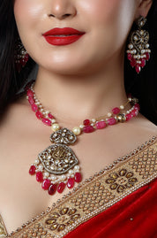 Gold-Plated Emerald & Ruby Pink Crystal Beaded Necklace