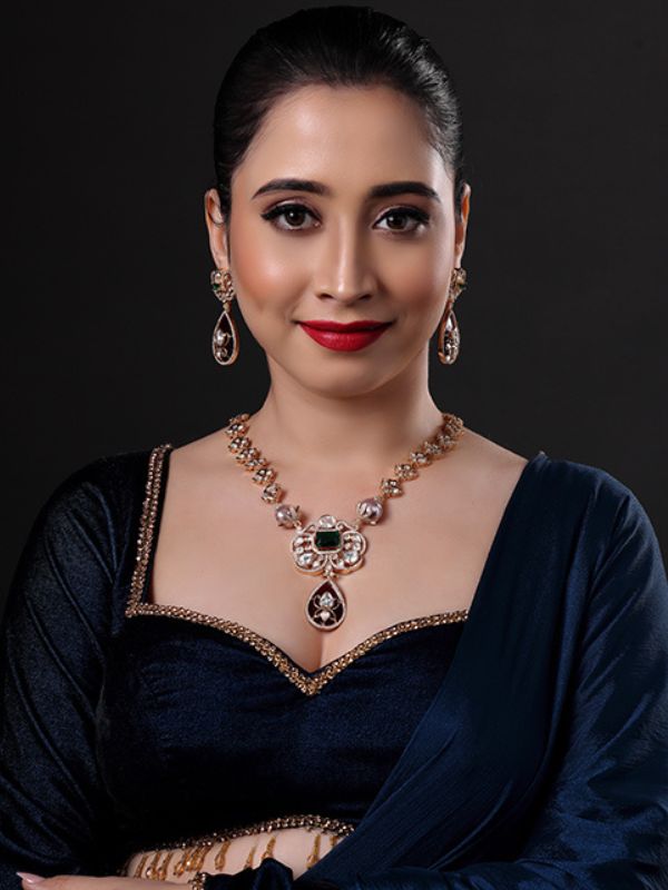 Rose Gold Finish Royal Blue Kundan Polki Handmade Pendant Necklace