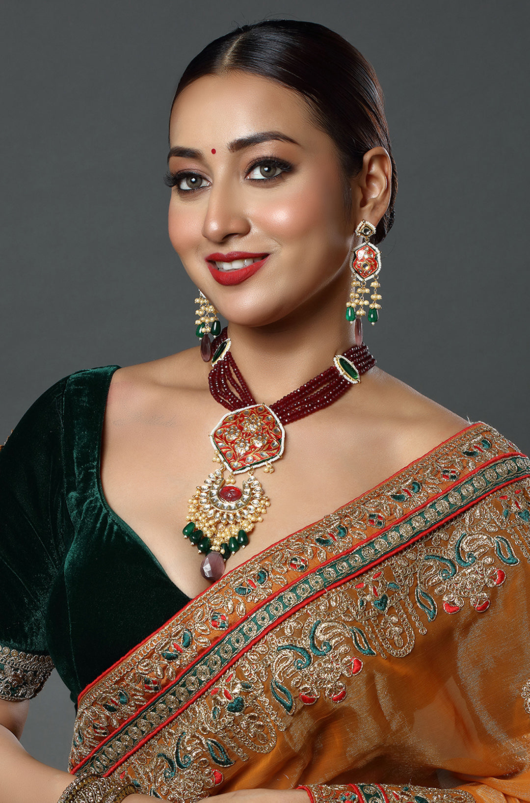 Saffron Drop Shaped Polki Kundan Choker