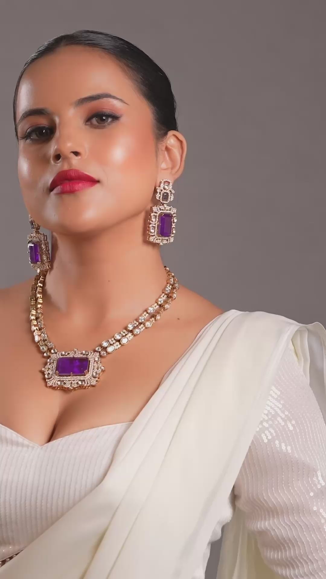 Wine Stone Silver And Gold Kundan Necklace
