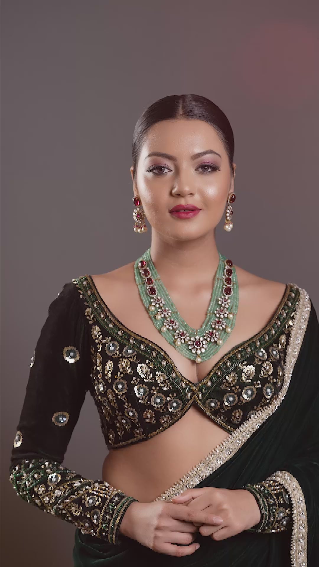 Gold Finish Kundan Polki & Green Agate Beaded Layered Necklace