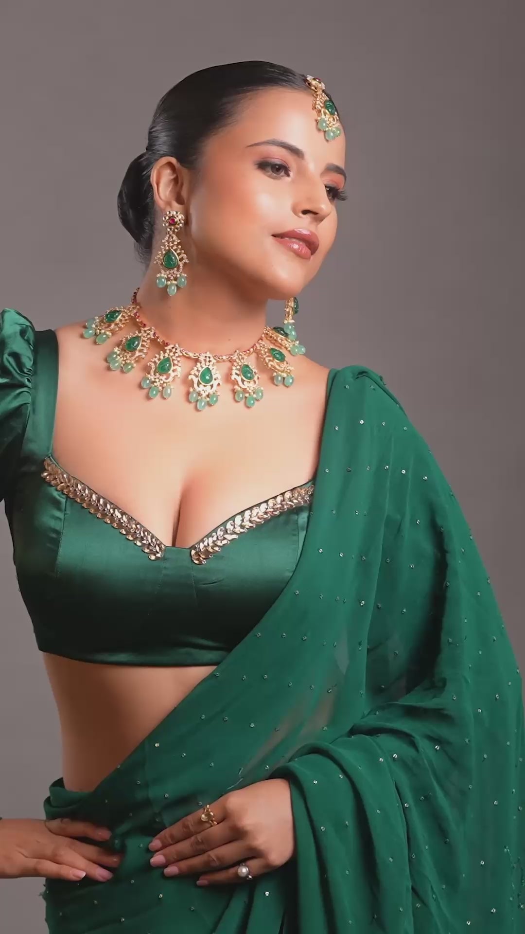 Mokshi Polki Necklace with Long Earrings & Maang Tika