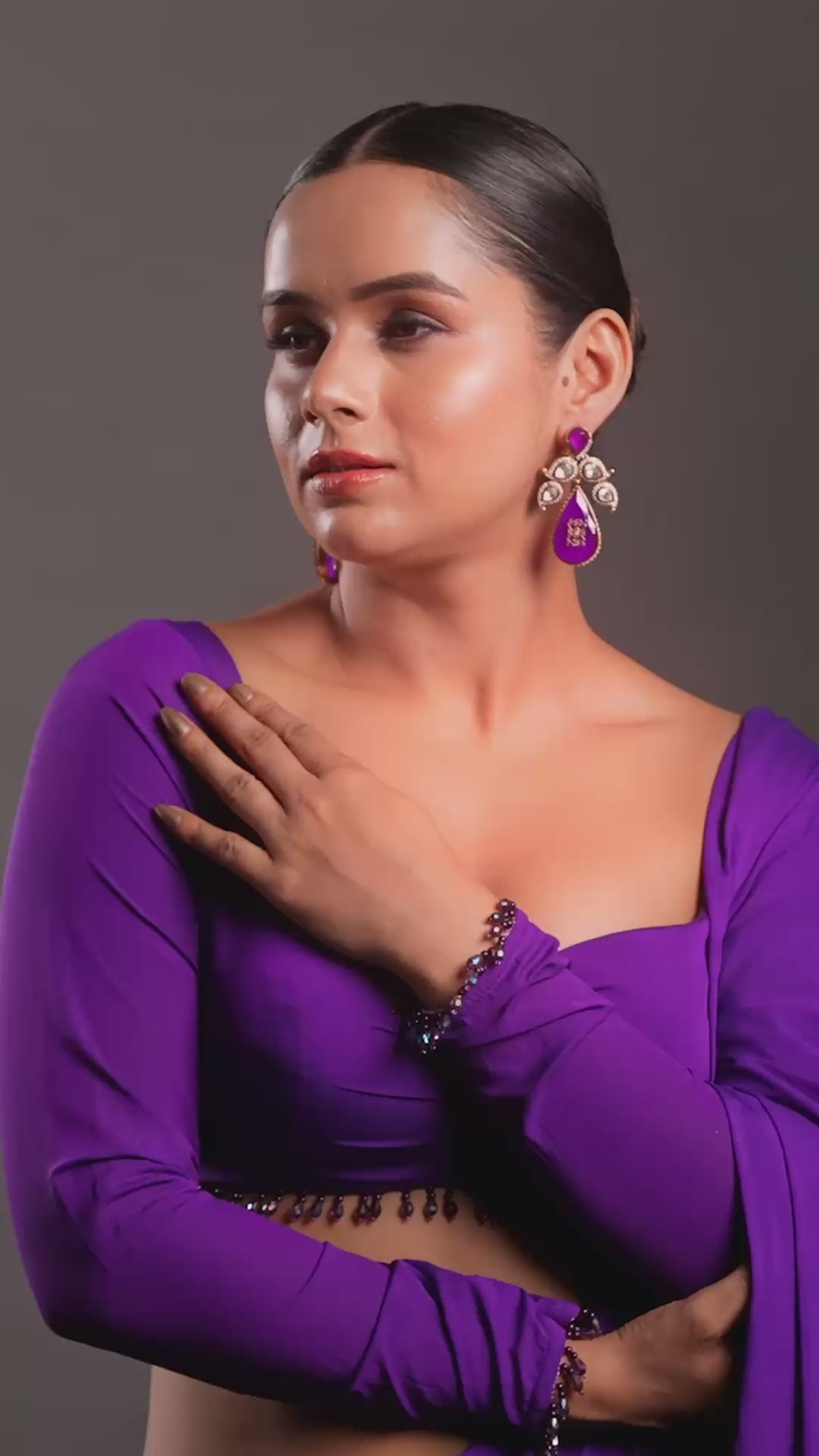 White Finish Zircon & Kundan with Purple Stone Dangler Earrings