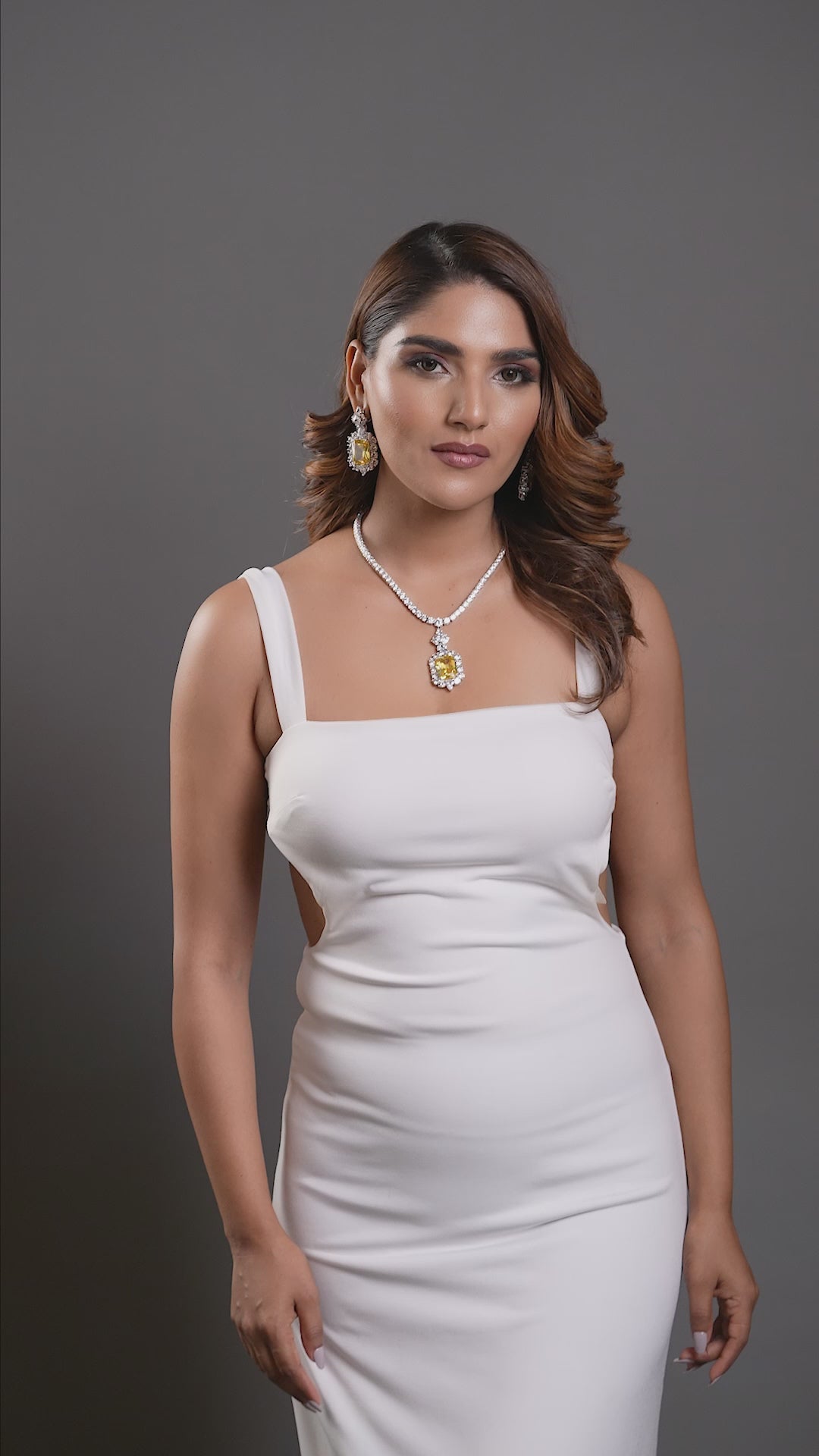 Rhodium Plated Premium White and Yellow Zircons Studded Statement Necklace