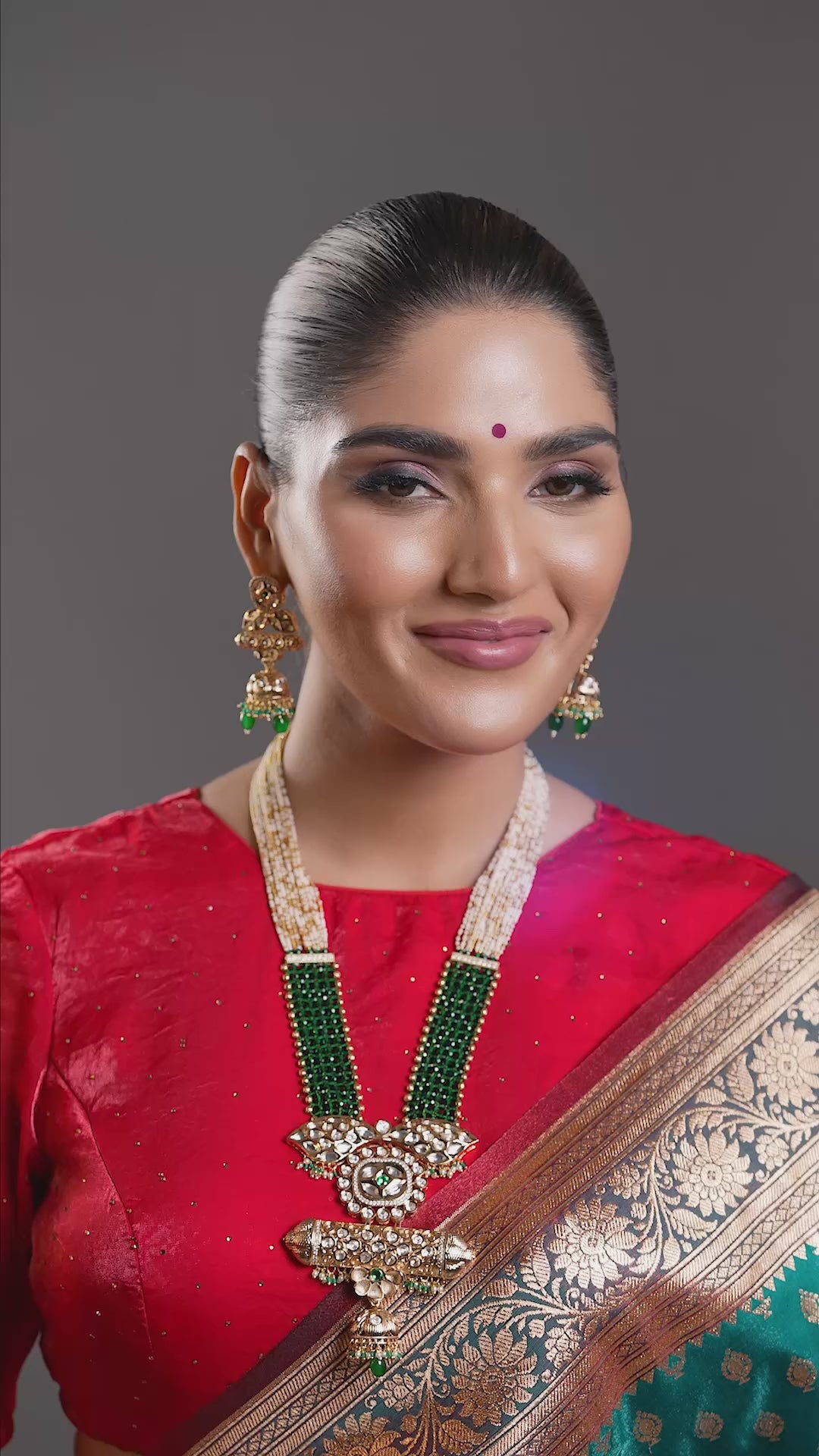 Green Meenakari Multistrand Crystals Beaded Long Necklace