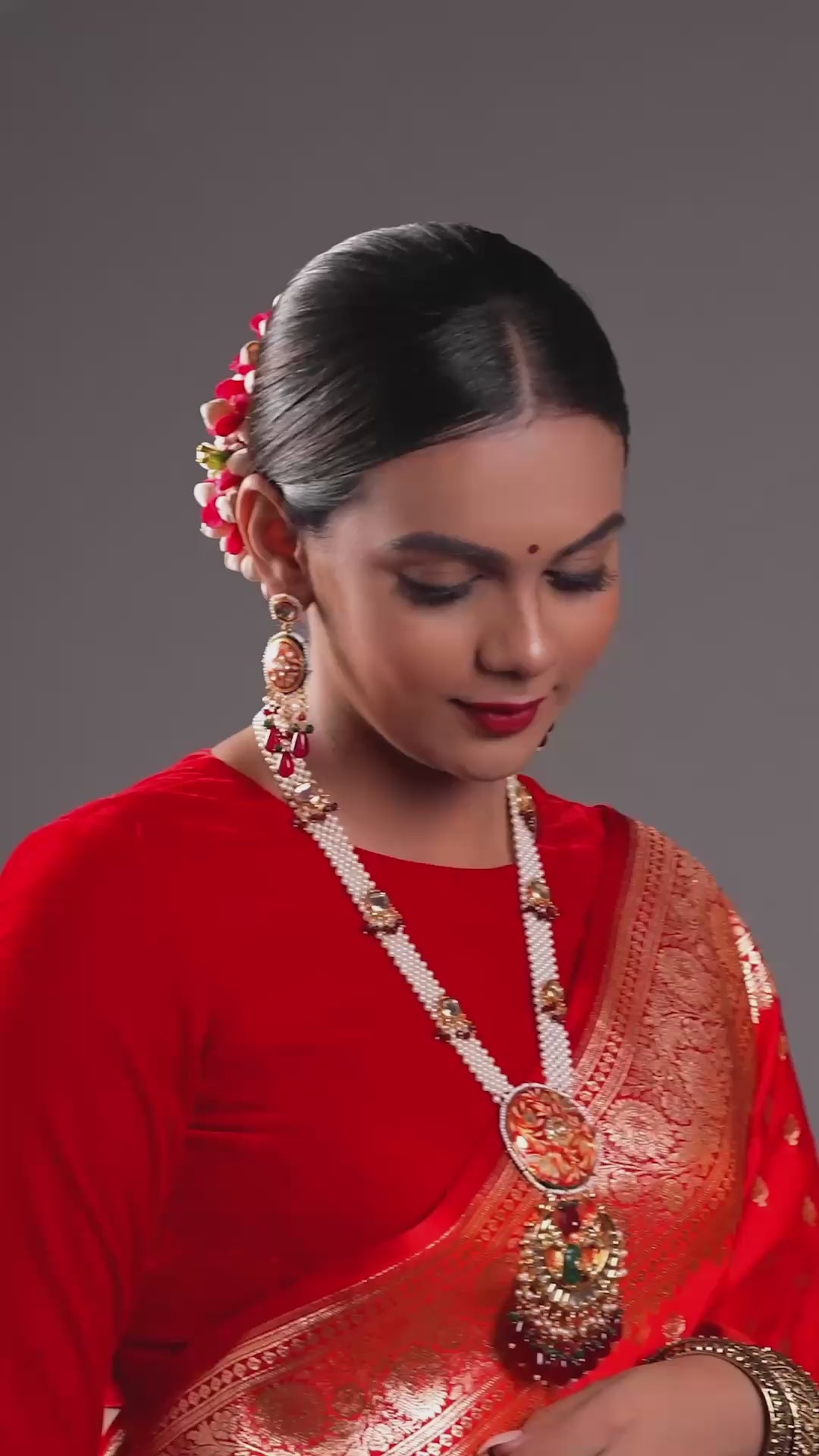 Orange Meenakari with Pearl Strings Kundan Necklace