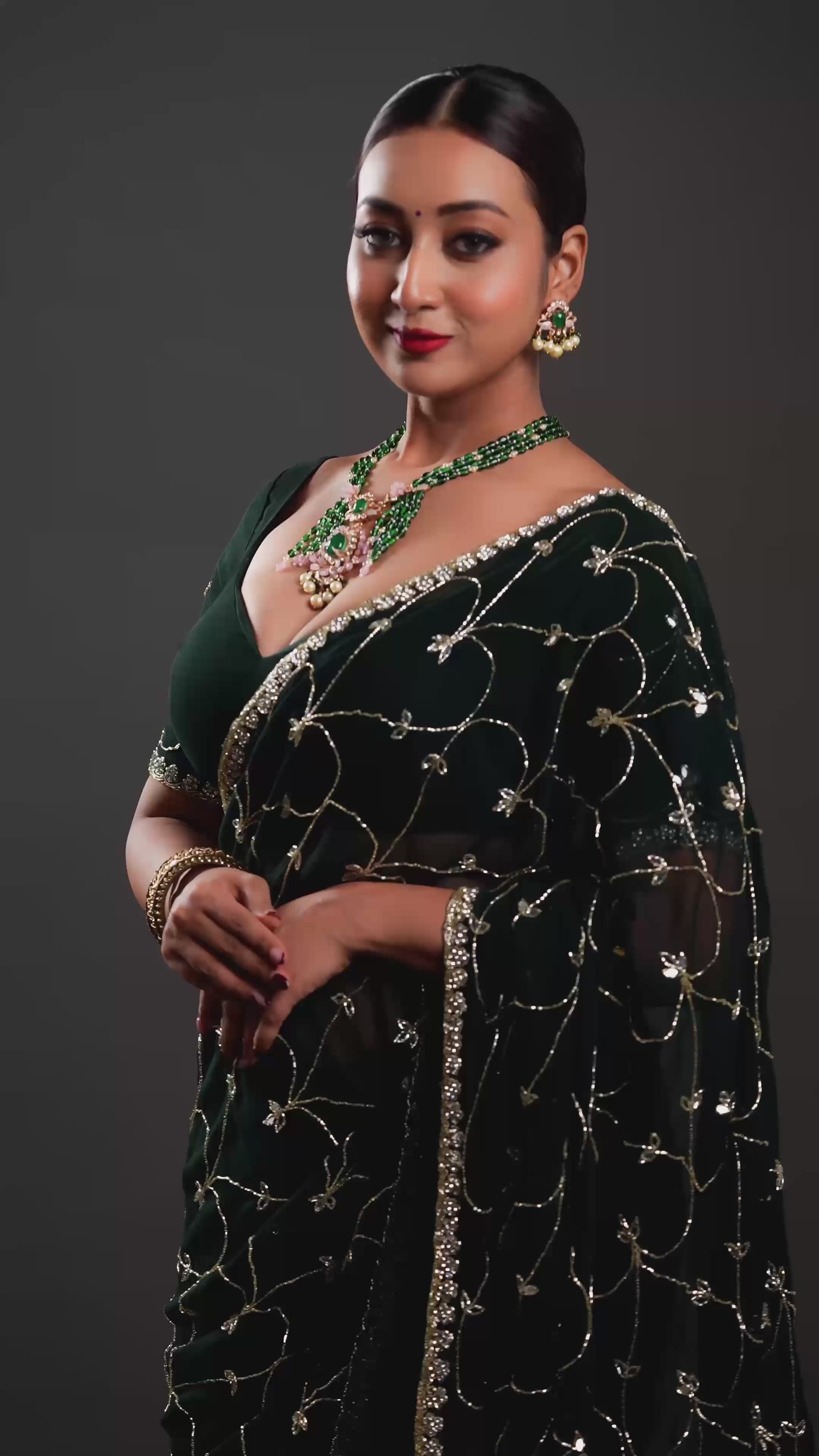 Emerald Beads Mala with Polki Pendant Necklace