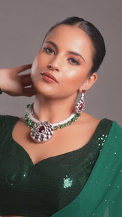 Silver Finish Red & Green Stone Necklace