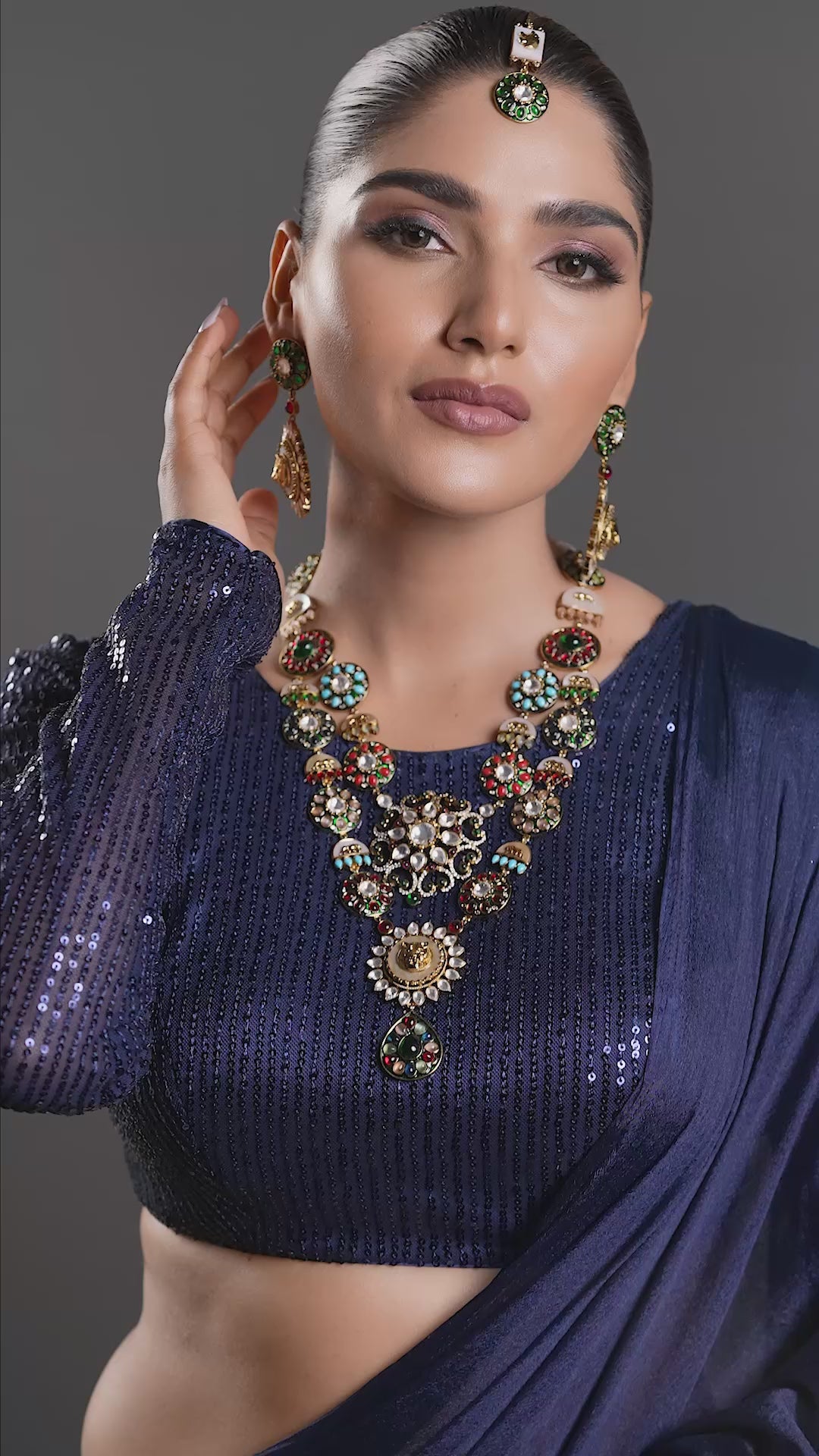 Gold Finish Kundan & Multi-Colored Stone Necklace with Maang Tika