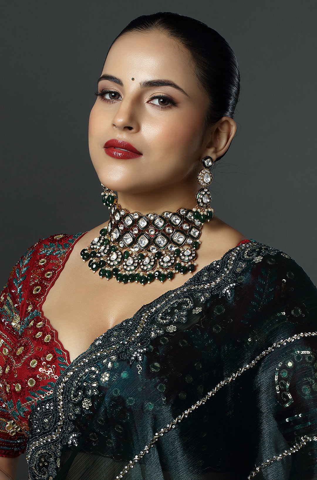 Kundan & Green Bead Choker Necklace Set