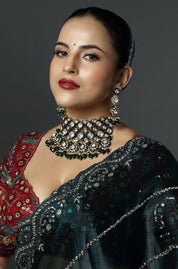Kundan & Green Bead Choker Necklace Set