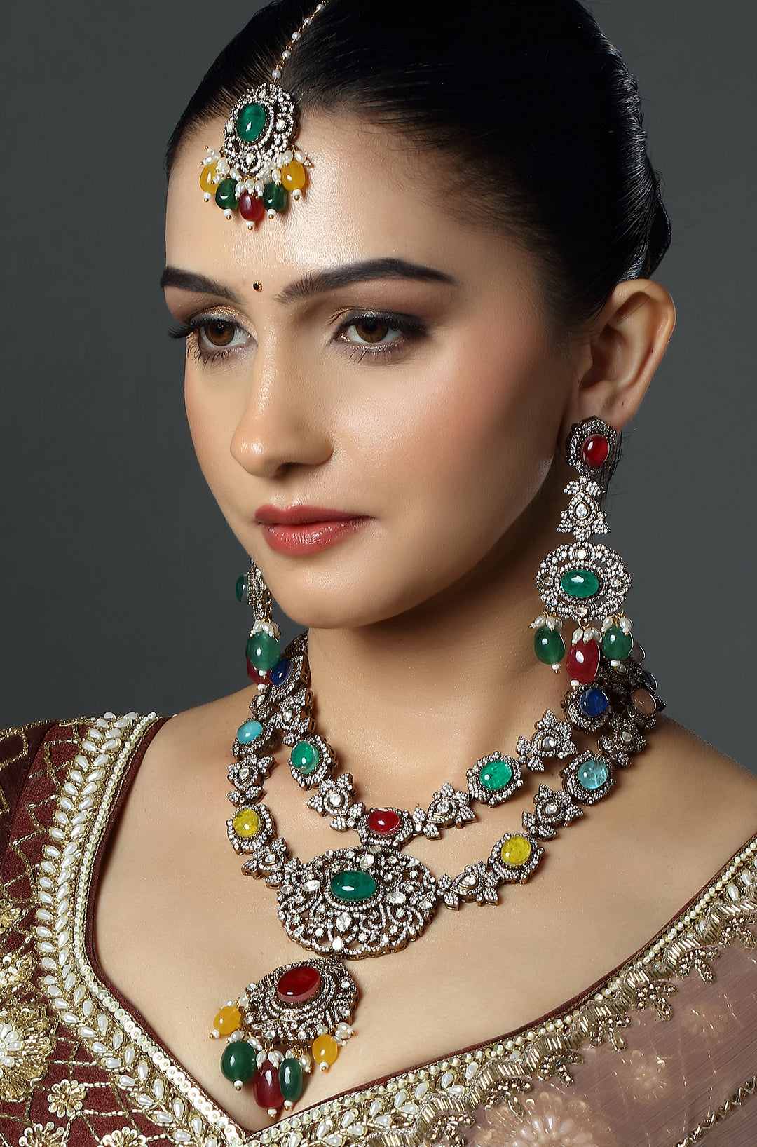 Green Stone Layered Statement Necklace Set