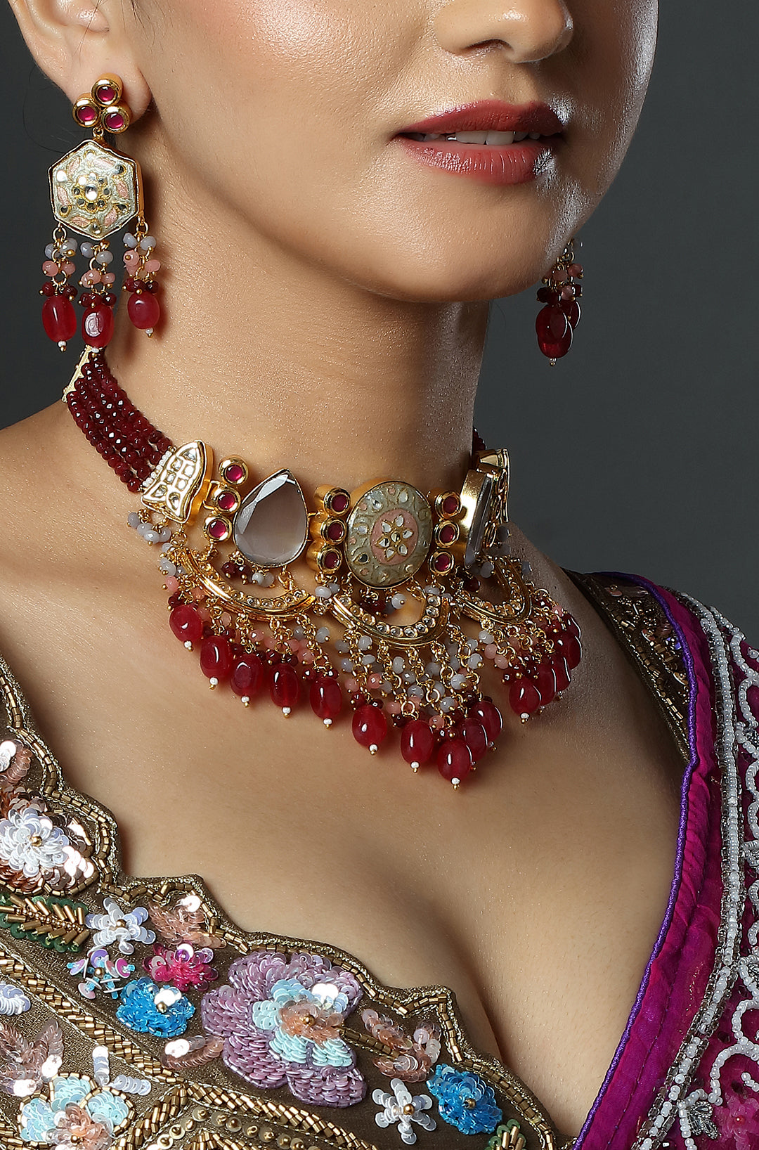 Ruby Beaded Traditional Choker Set