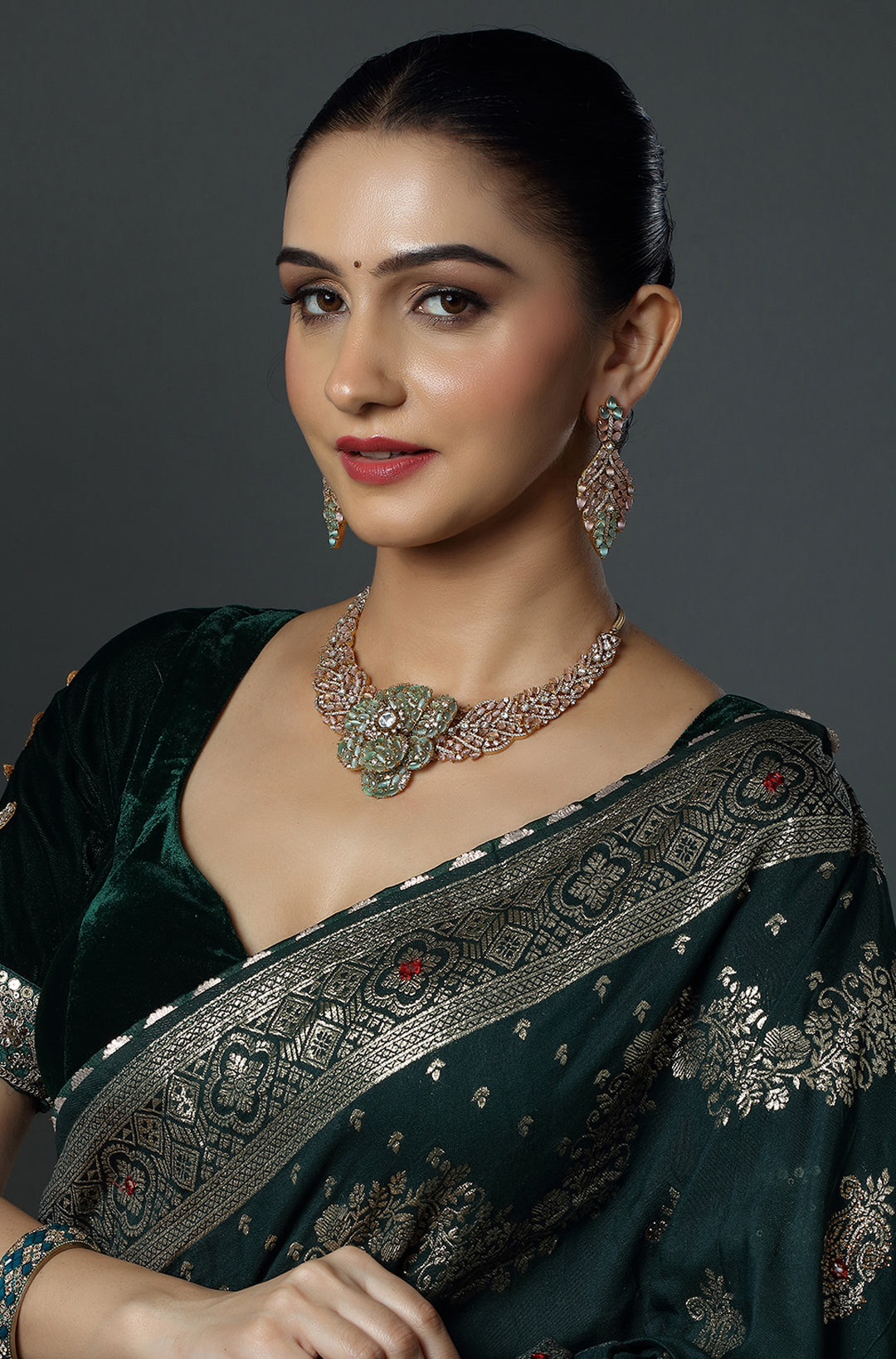 Multi-Line Kundan Choker with Green Drops
