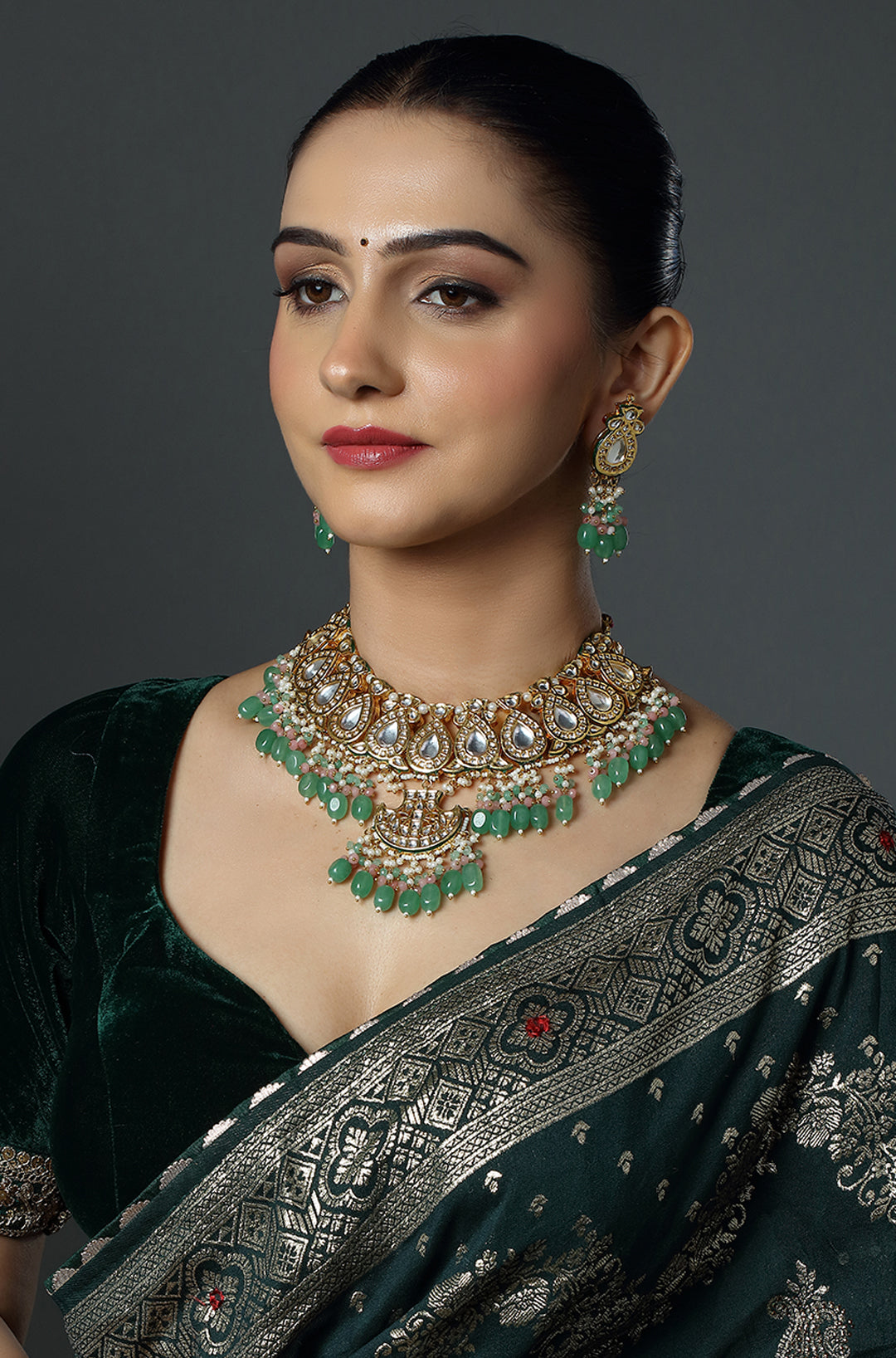 Emerald Drop Kundan Necklace Set